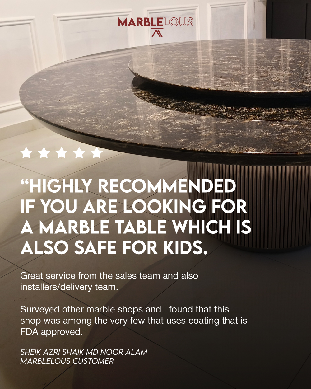Marblelous Marble Dining Tables - Thank you for the 5-star review! We’re always grateful for customers like you who take the time to share their experience.