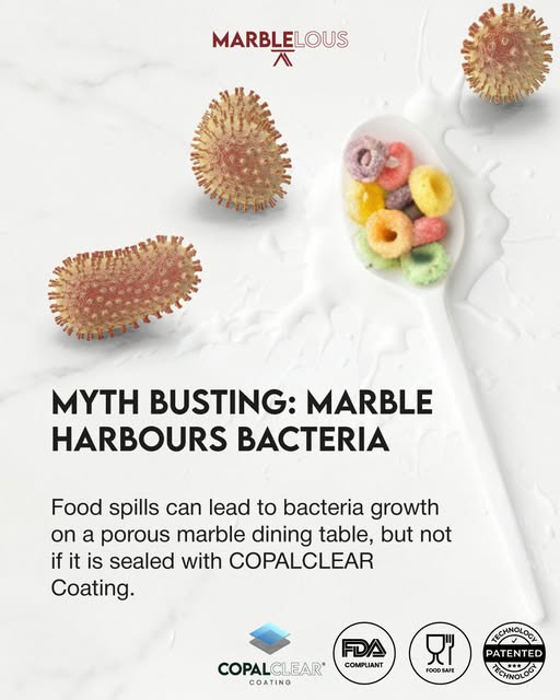 With COPALCLEAR® coating, your marble table becomes fully sealed, non-porous, and certified food-safe. The coating forms a permanent barrier that blocks liquids, stains, and bacteria from entering the stone, even if spills aren’t cleaned immediately.